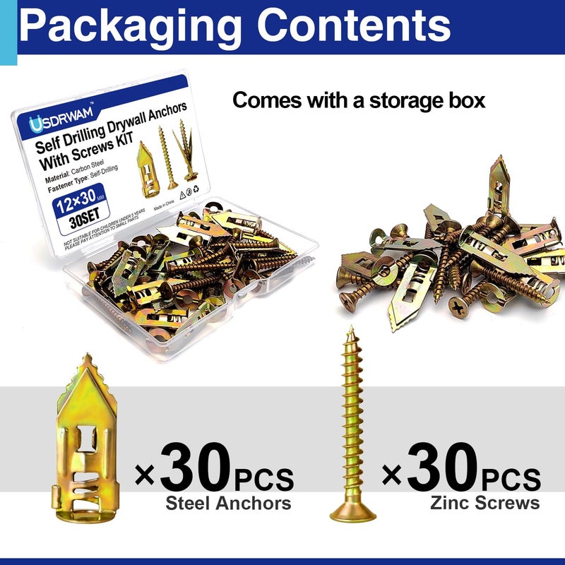 Usdrwam 60 PCS Self Drilling Drywall Anchors with Screws Kit, 0.47×1.18 Inch Metal Wall Anchors for Drywall Hanging, No Drill Needed - Image 2